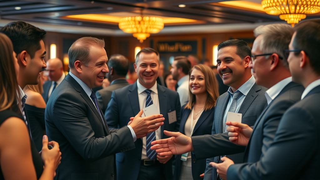 Dynamic network of CEOs interacting positively, exchanging business cards during a strategic CEO group networking event, elegant venue, professional attire, evening atmosphere