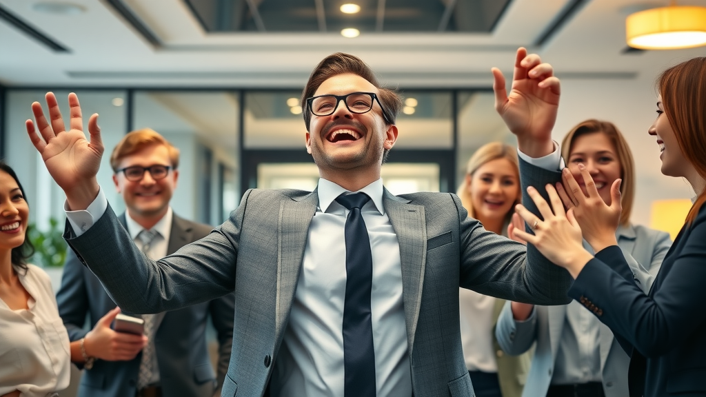 Triumphant executive celebrating promotion after executive influence group training, congratulated by colleagues
