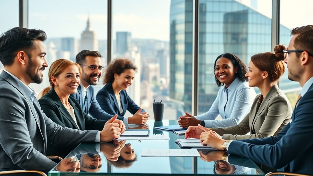 forward-thinking diverse business executives discussing strategy around a modern conference table, leadership advisory group, panoramic glass office with cityscape, engaged board members, bright natural lighting