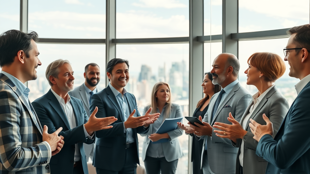 ceo networking club - Diverse CEOs networking in a high-rise corporate lounge, engaging in animated discussion with a panoramic cityscape background