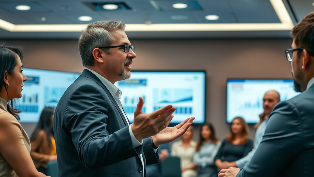 Inspirational executive leader empowering diverse professionals in a high-level executive presence workshop