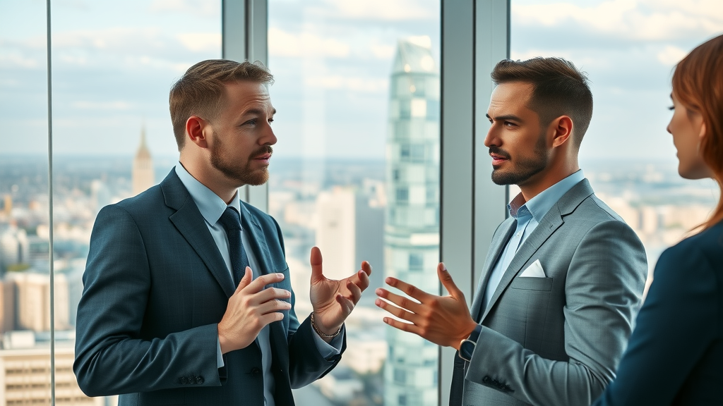 Dynamic business professionals confidently discussing executive influence group strategies