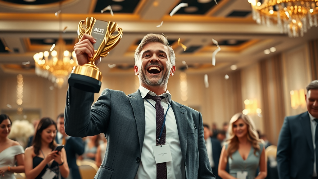 Triumphant business leader celebrating with peers after winning innovation award, symbolizing executive peer group success