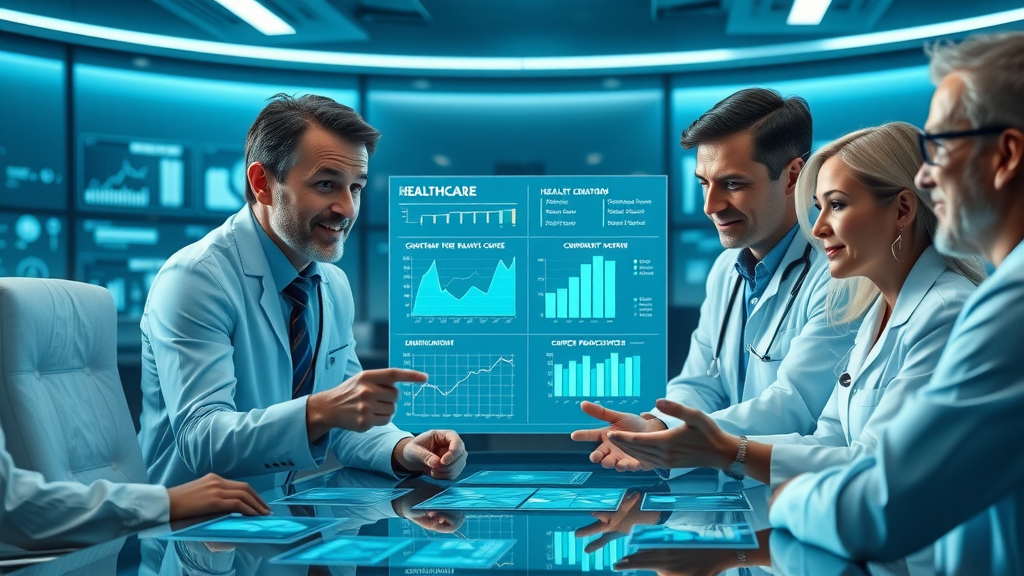 Visionary healthcare CEOs review innovative consortium health plan data on digital display.