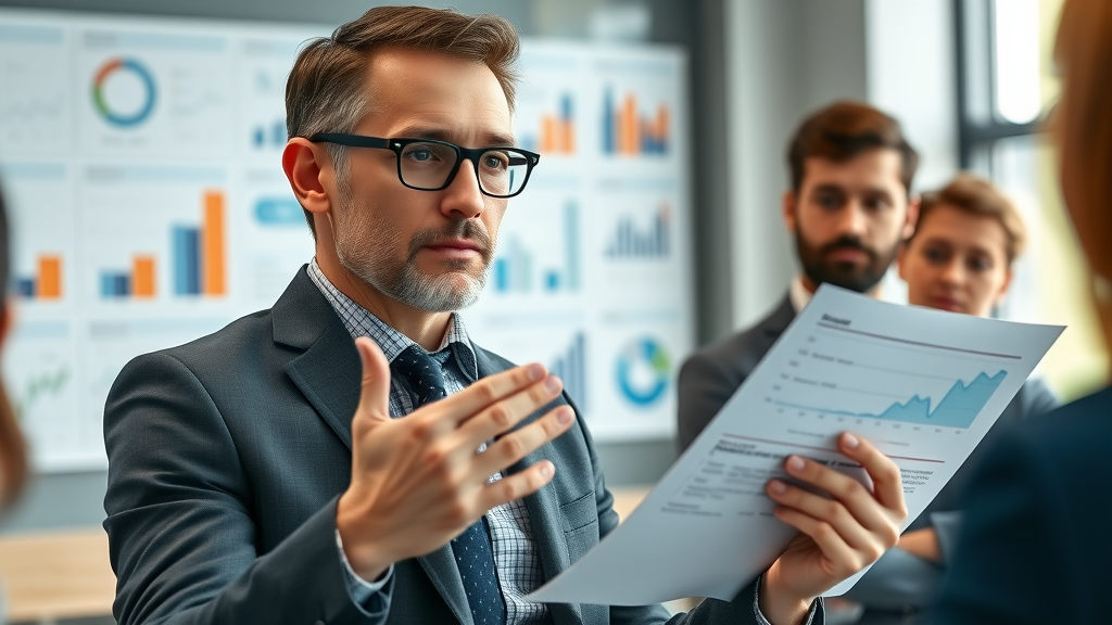 analytical leadership advisor presenting evaluation reports to executive team, board evaluation in progress, modern digital analytics office, professional leadership advisory group