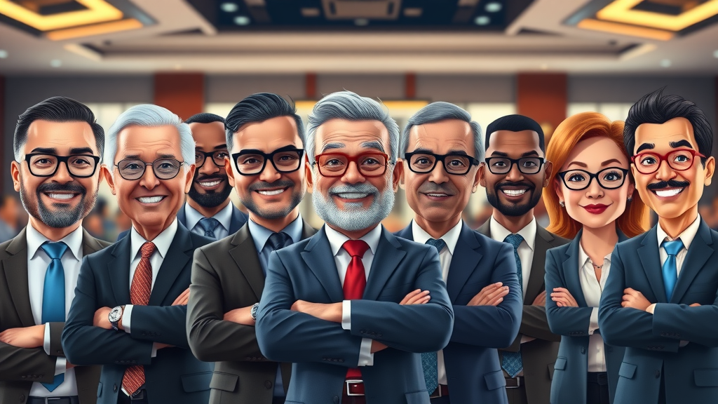 ceo club founders - Dynamic lineup of CEO and business leaders in conference attire, vibrant poses