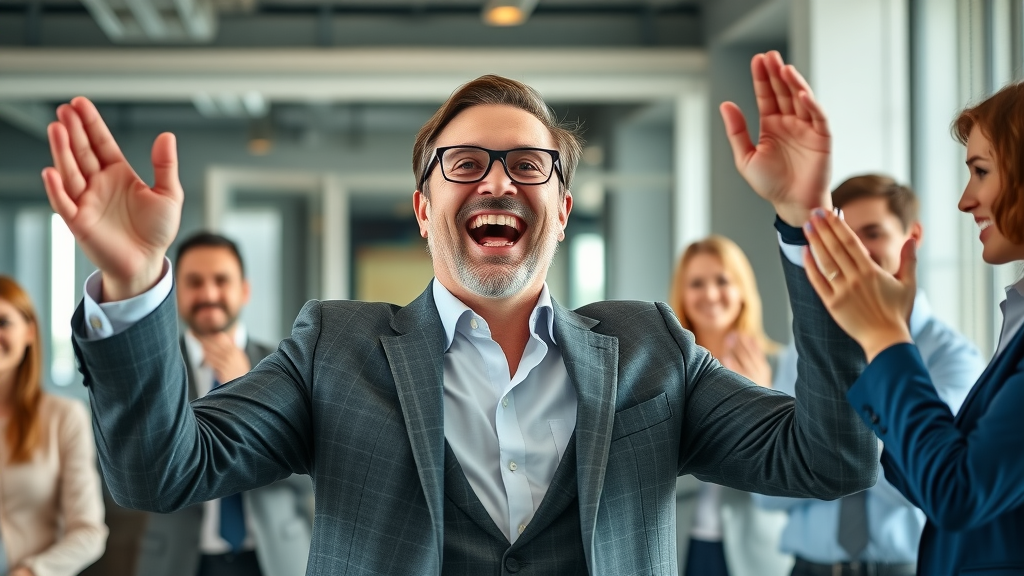 triumphant executive celebrating after a successful leadership advisory group meeting, dynamic office, applauding board members, vibrant colors