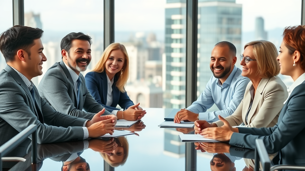 Confident executive leaders engaging in collaborative discussion in a peer executive group setting, smiling and connecting around a polished boardroom table with cityscape views