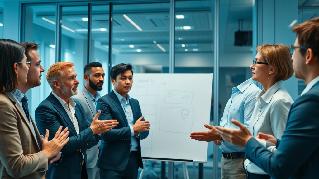 Diverse executives focused on a skilled facilitator at a peer executive group meeting, engaging in strategic discussion with whiteboard presentation in a modern conference room