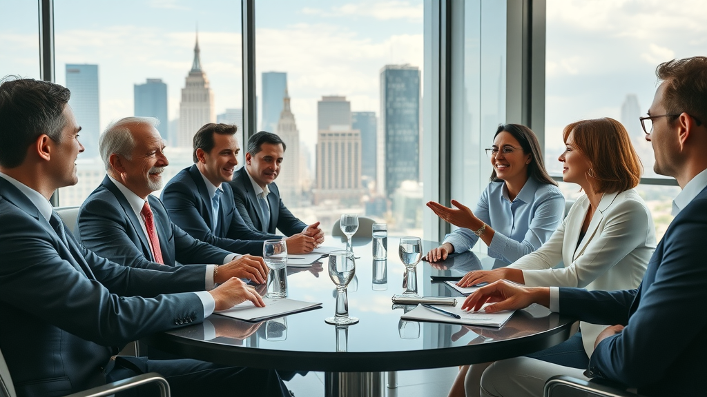 Dynamic group of CEOs discussing visionary ideas in a modern boardroom. CEO consortium shaping leadership practices.