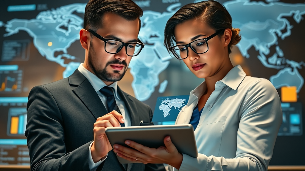 ceo clubs - Two CEOs strategizing global expansion over digital maps and business analytics