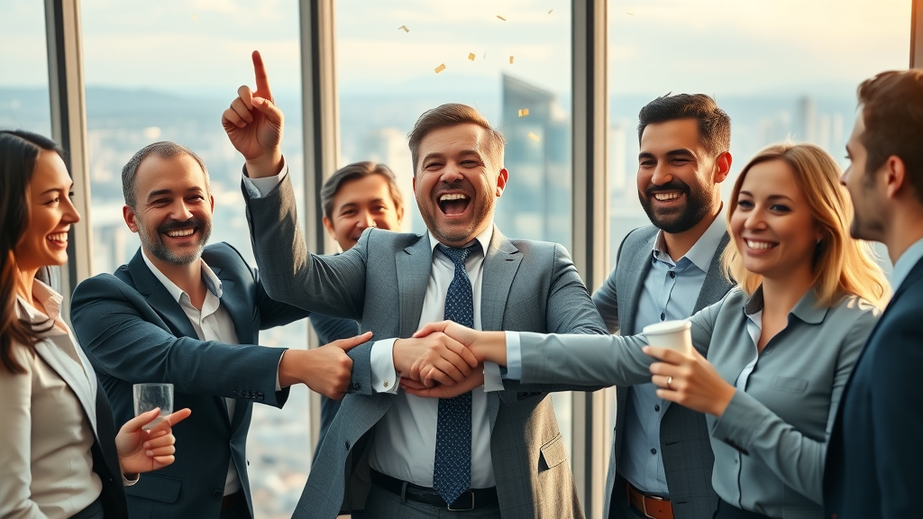 Triumphant CEO celebrating success with their team after cohort consortium achievements.