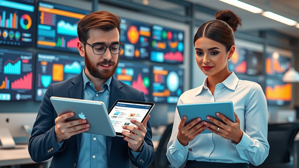 Selection of professionals reviewing digital options for peer executive group membership in a contemporary workspace with infographics and digital screens