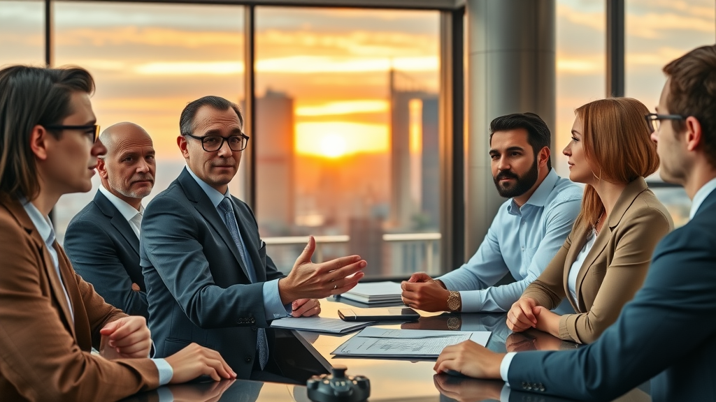 Executive consultant advising attentive CEOs on CEO consortium best practices in a modern boardroom.