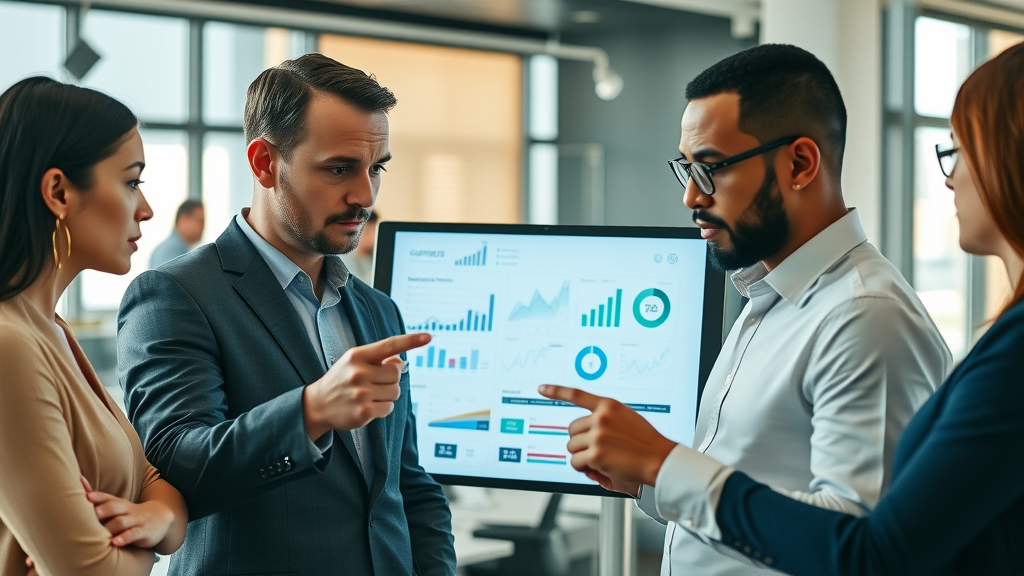 CEOs collaborate on business analytics and consortium health plans in a modern office.
