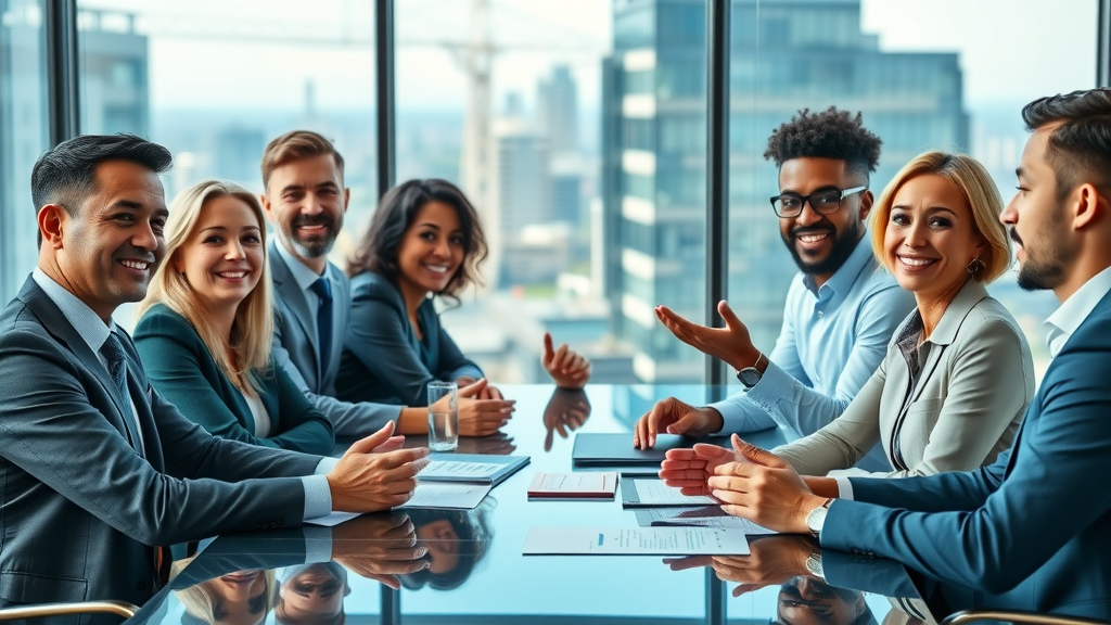 Confident group of diverse CEOs engaged in strategic discussion, professional, collaborative, modern office, city view in background, strategic CEO group meeting