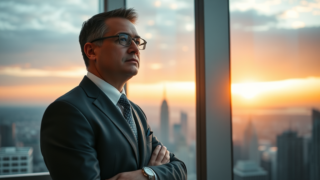 Ambitious executive contemplating leadership, poised and determined, city skyline sunrise, strategic CEO group, morning light, business ambition