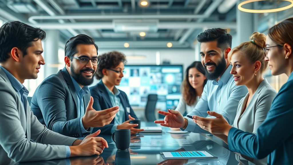 forward-looking multicultural executive panel brainstorming breakthrough ideas, leadership advisory group, innovative open office, holographic displays