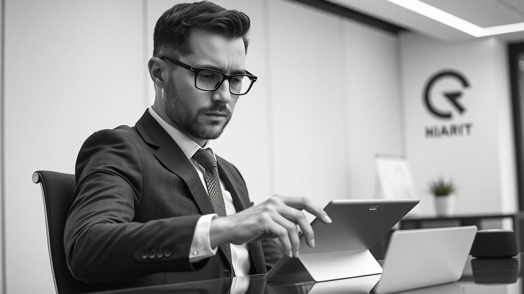 Motivated CEO taking action, completing application, digital tablet, sleek office, strategic CEO group, proactive business leader, executive desk