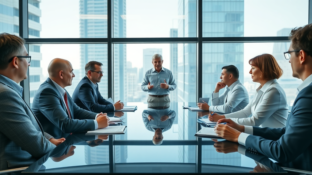 ceo networking club - Executive coach mastermind session with CEOs in a boardroom overlooking skyscrapers