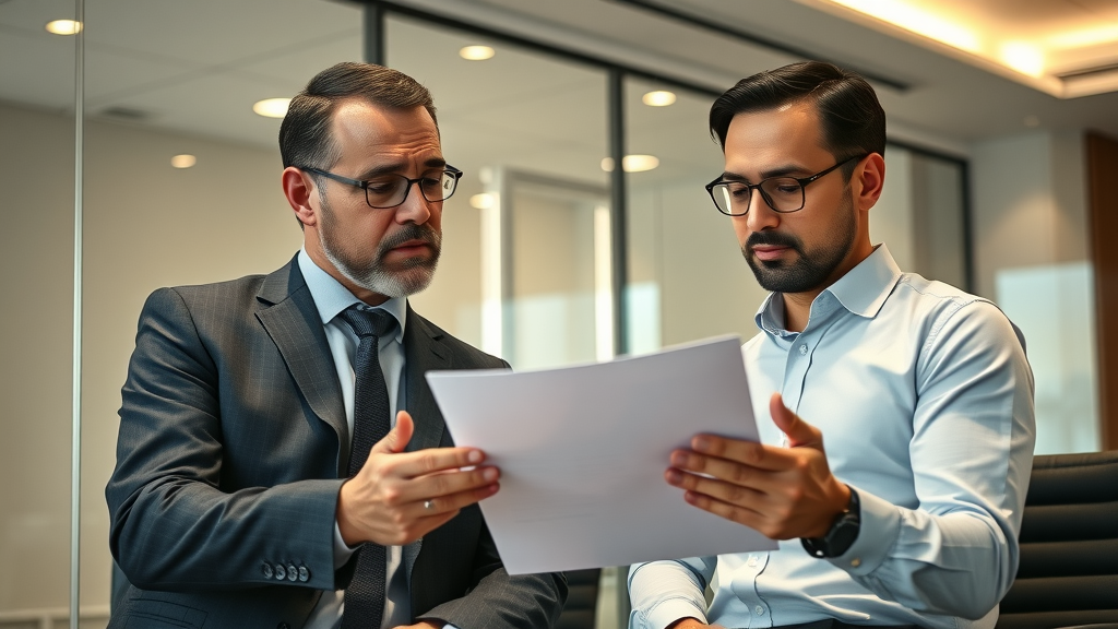 Motivational executive coach mentoring CEO, reviewing white paper, photorealistic, strategic CEO group executive coaching, boardroom, detailed documents, focused professional meeting